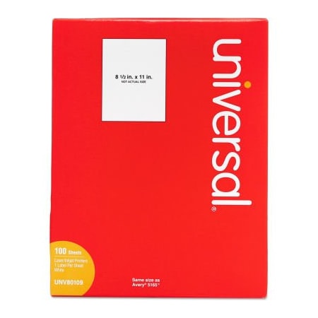 United Stationers Supply Universal® Laser Printer Permanent Labels, 8-1/2 x 11, White, 100 Labels UNV80109